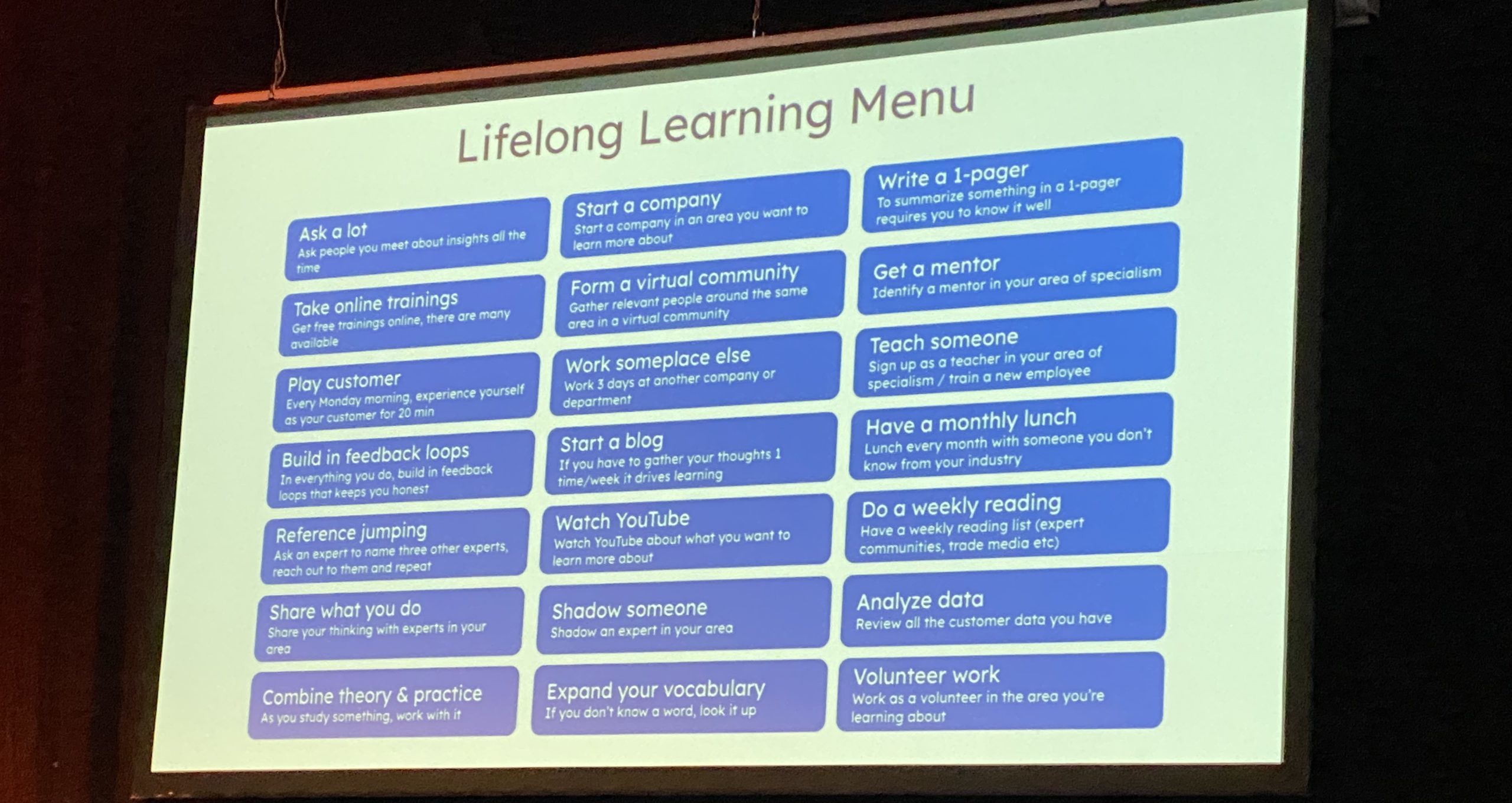 Presentationsbild från SETT 2026 med rubriken "Lifelong Learning Menu", som visar olika sätt att utveckla kunskap genom erfarenhetsutbyte, nätverk, mentorskap och praktiskt lärande.