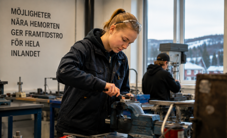 Elev i verkstadsmiljö som arbetar med praktiskt moment inom gymnasieutbildning.